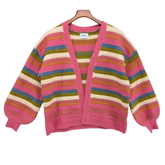 FRNCH Taina Cardigan Womens Pink Multicolor Stripe Open Front Chunky Knit Size S - Picture 1 of 6